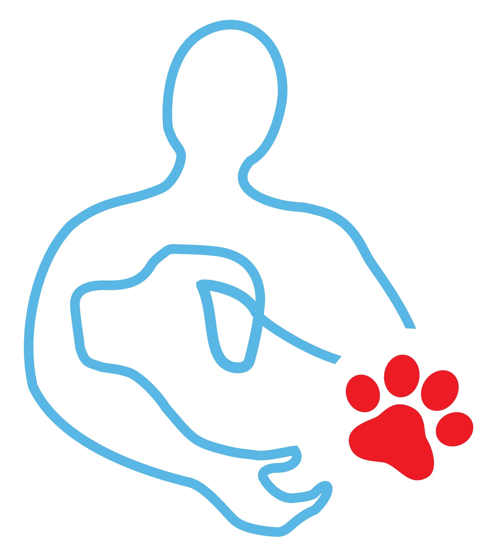 Umriss eines Menschen und eines Hundekopfes in hellblau mit roter Pfote